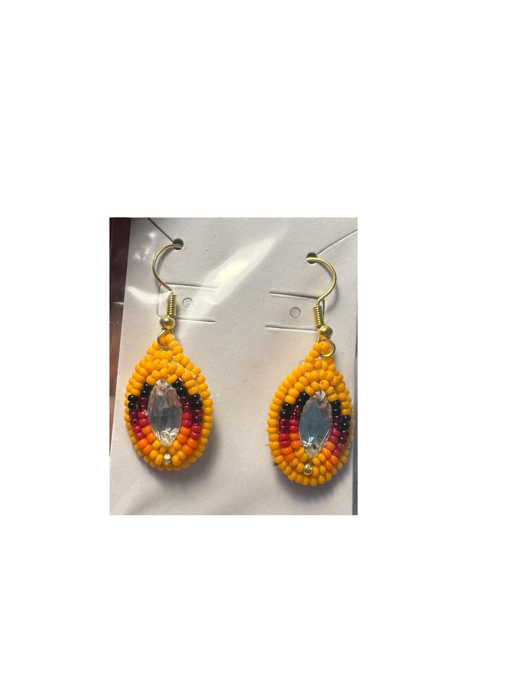 Orange Beaded Teardrop Earrings with Crystal Center